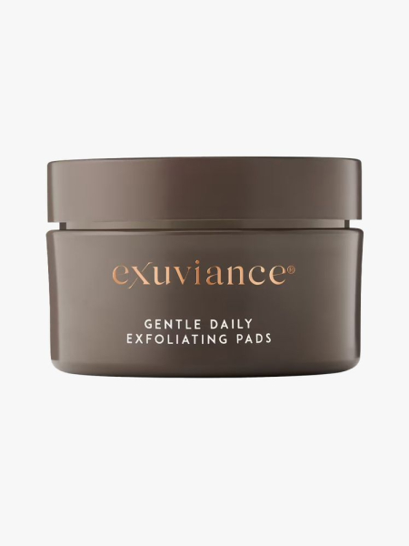 Exuviance Gentle Daily Exfoliating Face Pads in branded tub component on a light gray background