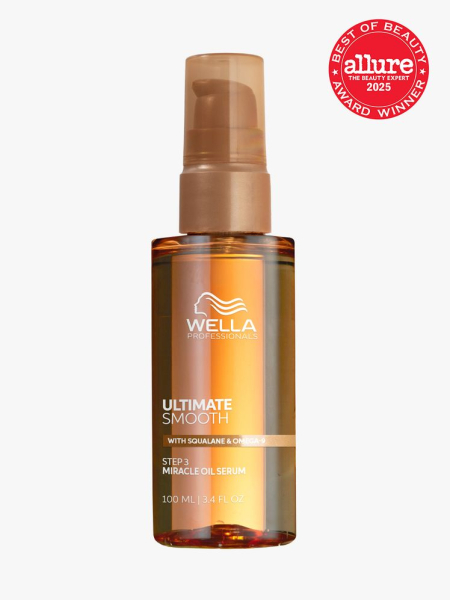 Ultimate Smooth Miracle Oil Serum in branded clear amber bottle with pump on light gray background with red Allure Best of Beauty seal in the top right corner