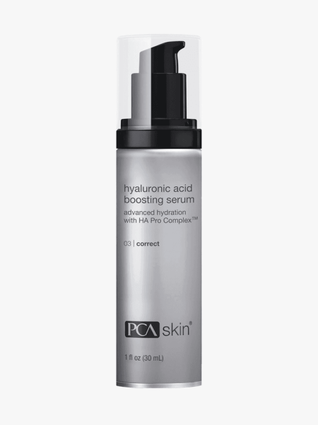 PCA SKIN Hyaluronic Acid Boosting Face Serum in branded bottle component on a light gray background